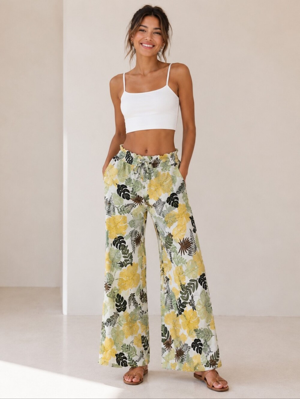 NEW LOOK Tropical Leaf Print Wide Leg Pants
